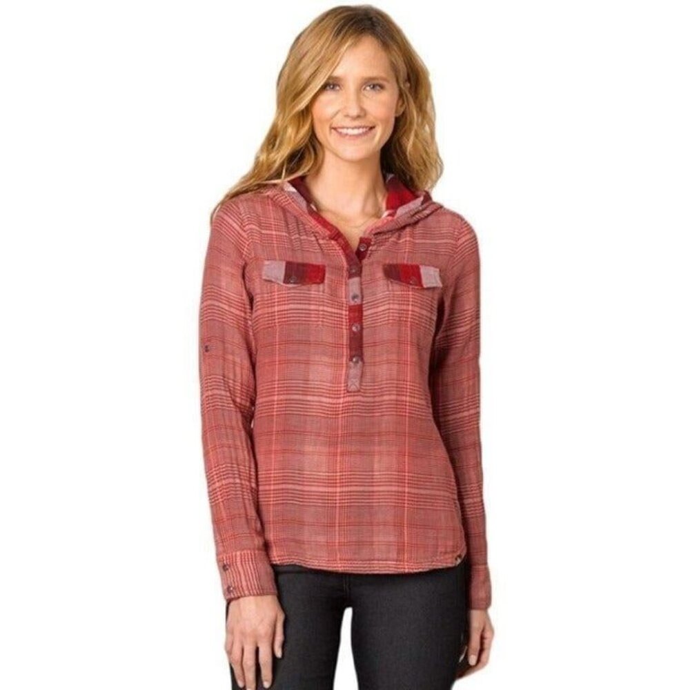 Prana Red Anja Organic Cotton Hooded Plaid Pullover Top Medium